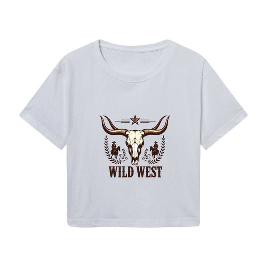Wild West Longhorn Cowboy Western Retro Gray Crop Tee