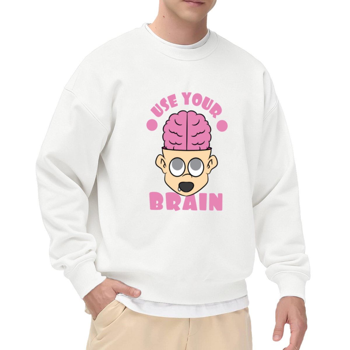 Use Your Brain Funny Cartoon Brain Crewneck Sweatshirt | Quirky Drooling Face Graphic Pullover, Sarcastic Gift