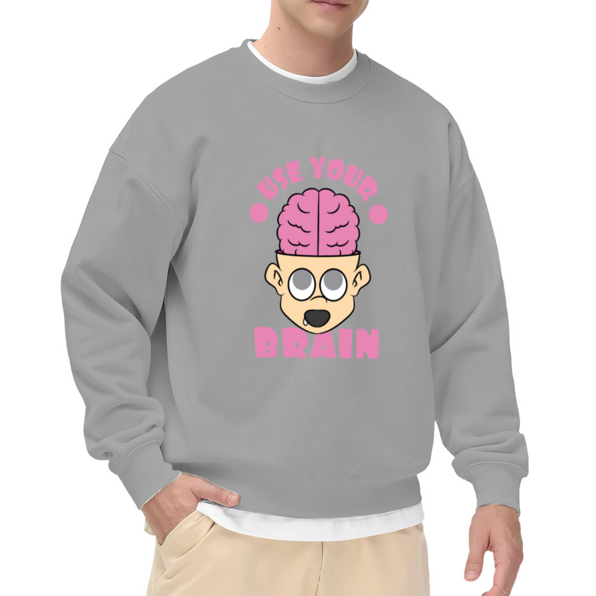 Use Your Brain Funny Cartoon Brain Crewneck Sweatshirt | Quirky Drooling Face Graphic Pullover, Sarcastic Gift