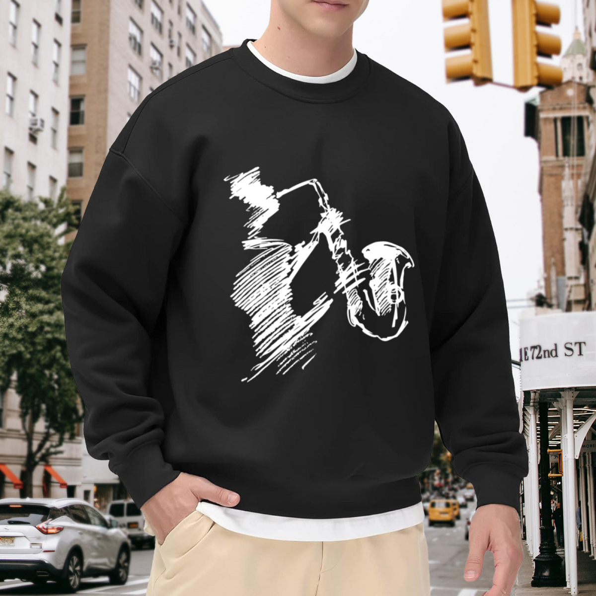 Handdrawn Saxophone Sketch Crewneck Sweatshirt, a Stylish and Comfortable Pick for Music & Jazz Enthusiasts