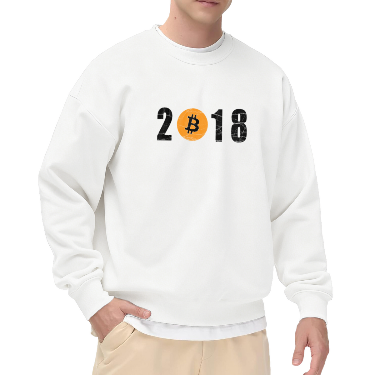 2018 Bitcoin Logo Crewneck Sweatshirt | Vintage Crypto Currency Pullover, Distressed Number Graphic Streetwear Top, Crypto Trader Gift