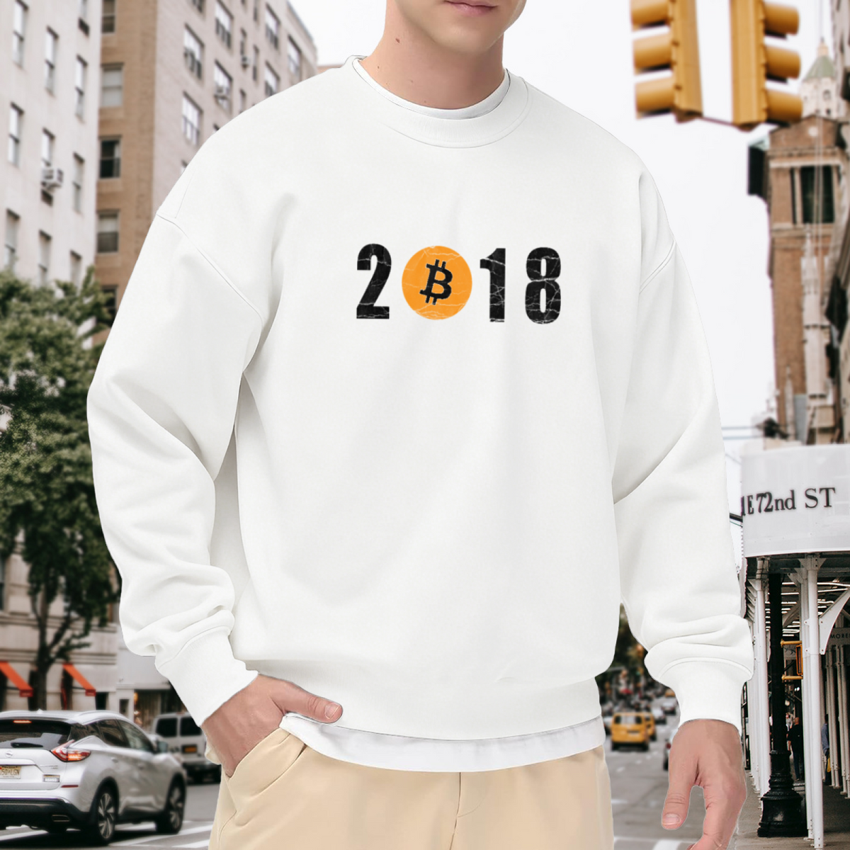 2018 Bitcoin Logo Crewneck Sweatshirt | Vintage Crypto Currency Pullover, Distressed Number Graphic Streetwear Top, Crypto Trader Gift