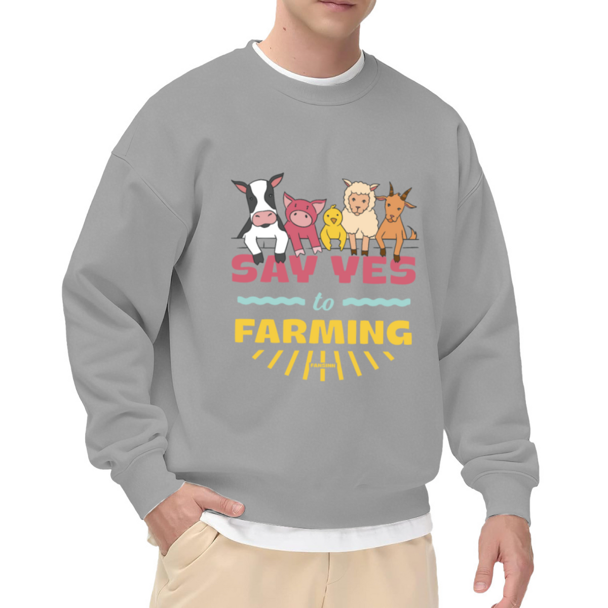 Say Yes To Farming Farm Animals Cartoon Crewneck Sweatshirt | Cute Cow Pig Chick Pullover, Farmer Gift