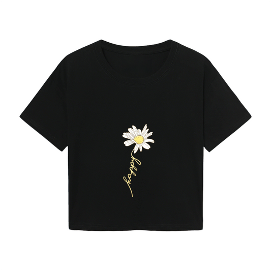 Minimal Daisy Handwriting Black Crop Top ¨C Aesthetic Floral Graphic Tee