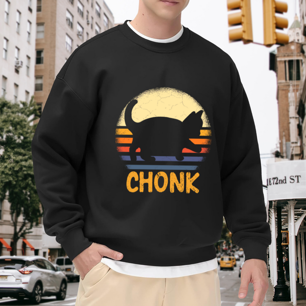 Chonk Retro Sunset Cat Silhouette Crewneck Sweatshirt | Funny 70s Vintage Fat Cat Graphic Pullover, Cat Lover Gift Top