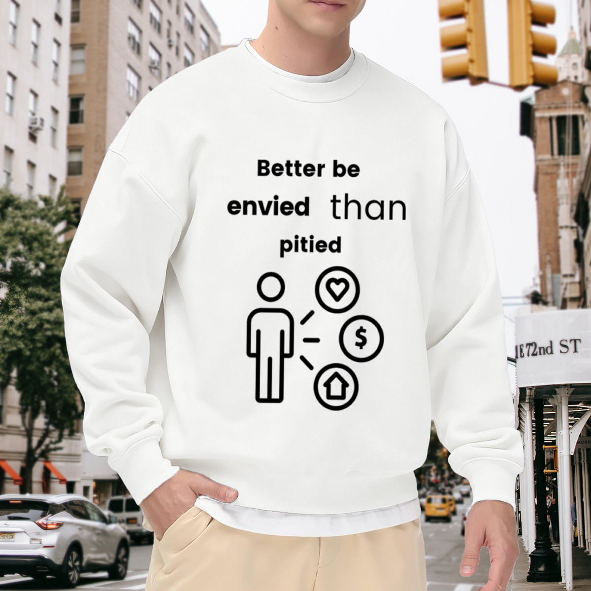 Better Be Envied Than Pitied Minimalist Motivational Crewneck Sweatshirt | Ambition Icon Graphic Pullover, Success Mindset Gift