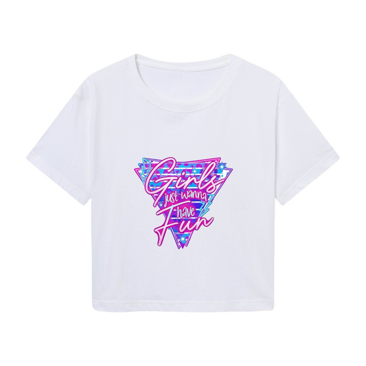 Girls Just Wanna Have Fun Retro Y2K White Crop Tee ¨C 80s Disco Party Top