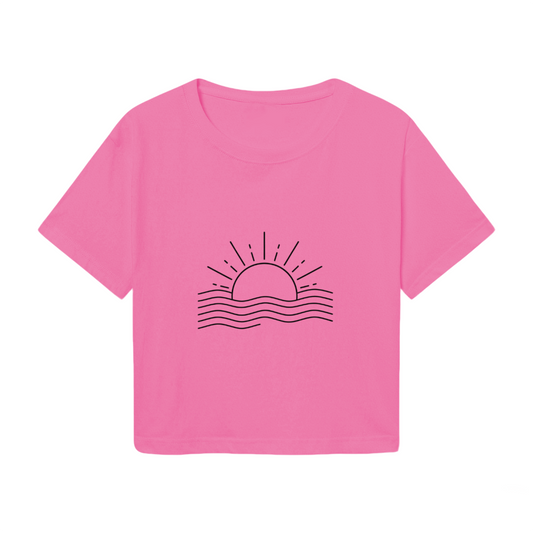 Minimal Sunset Ocean Wave Line Art Pink Crop Top