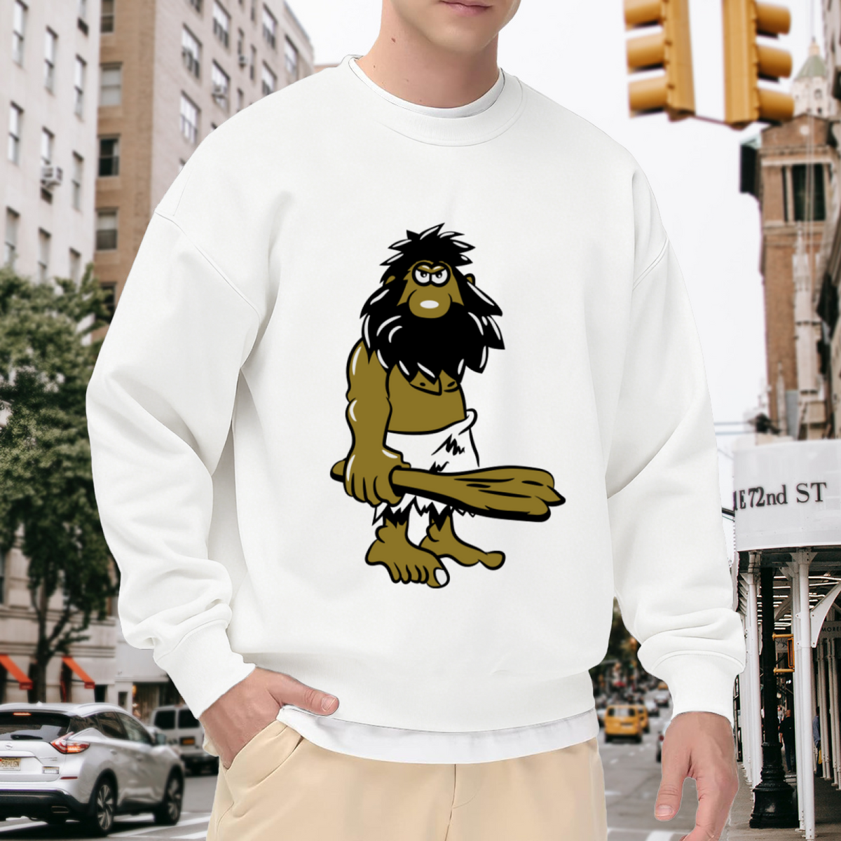 Cartoon Caveman Sweatshirt | Funny Prehistoric Caveman Graphic Crewneck, Hand-Drawn Wild Man Pullover Top, Humor Gift for Men Women