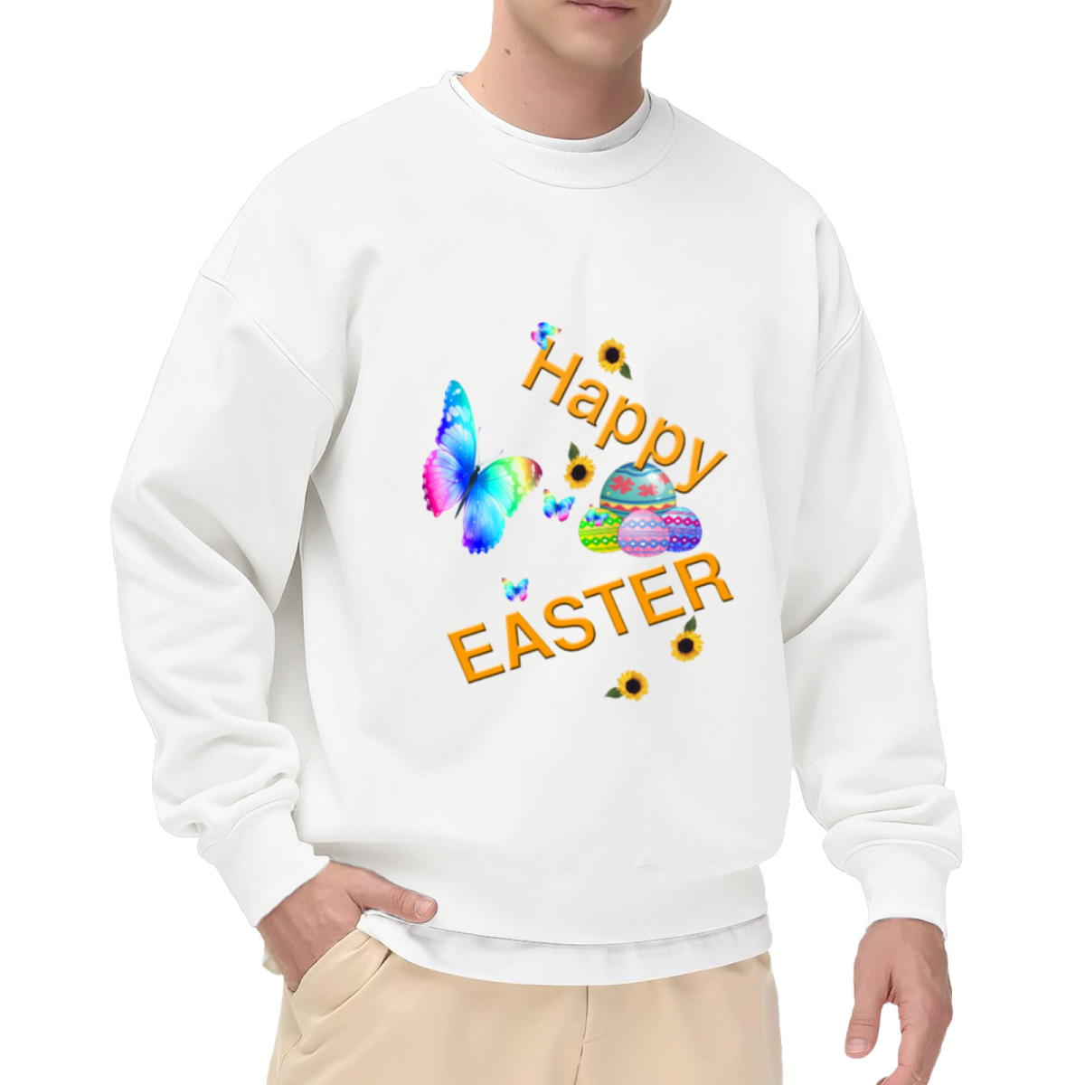 Happy Easter Butterfly Sweatshirt | Watercolor Easter Eggs Sunflower Graphic Crewneck, Spring Holiday Pullover Top, Easter Gift for Women Men