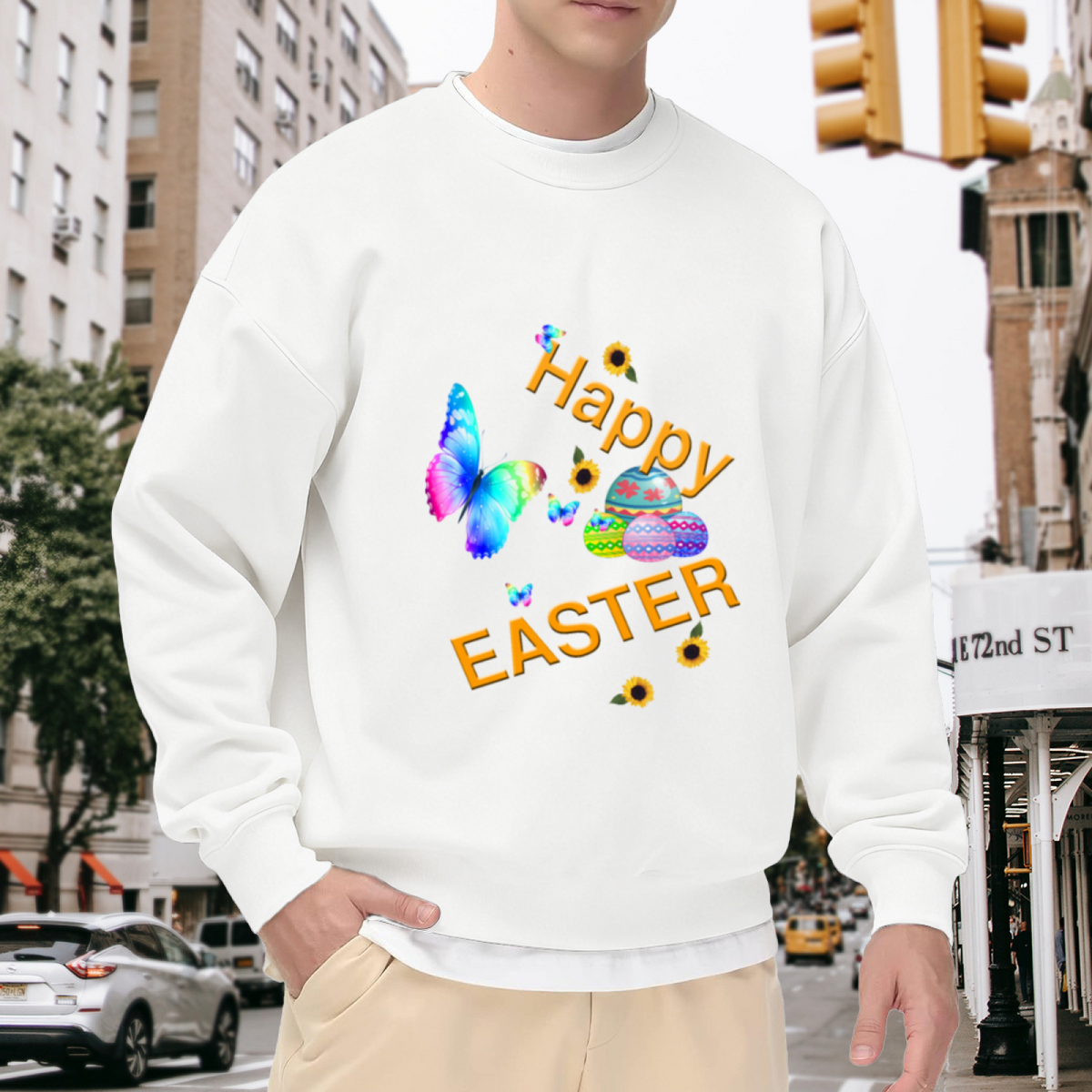 Happy Easter Butterfly Sweatshirt | Watercolor Easter Eggs Sunflower Graphic Crewneck, Spring Holiday Pullover Top, Easter Gift for Women Men