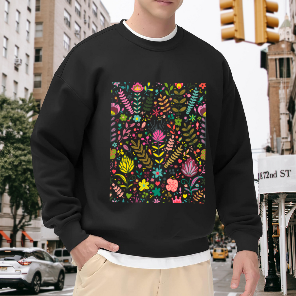 Colorful Folk Floral Bloom Pattern Crewneck Sweatshirt - Vibrant Floral Botanical Print