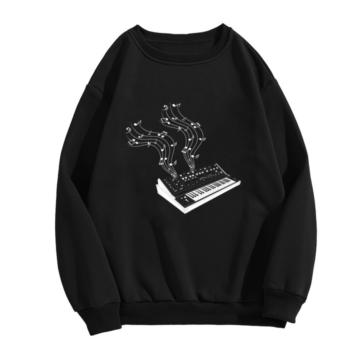 Retro Synthesizer Music Crewneck Sweatshirt | Vintage Electronic Keyboard Pullover, Musical Note Stream Graphic Top, Music Producer Gift