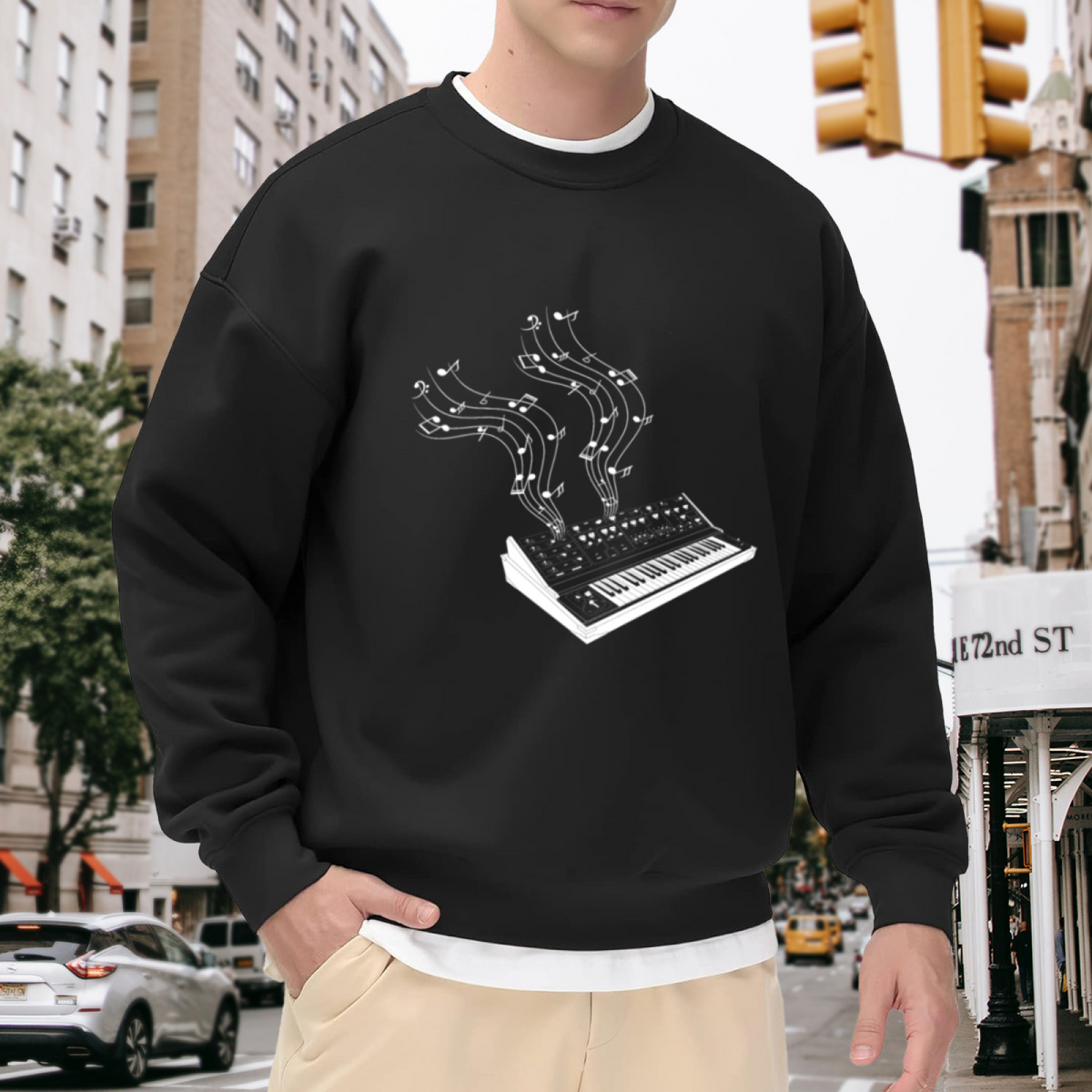 Retro Synthesizer Music Crewneck Sweatshirt | Vintage Electronic Keyboard Pullover, Musical Note Stream Graphic Top, Music Producer Gift