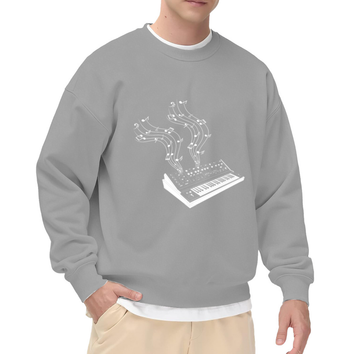 Retro Synthesizer Music Crewneck Sweatshirt | Vintage Electronic Keyboard Pullover, Musical Note Stream Graphic Top, Music Producer Gift