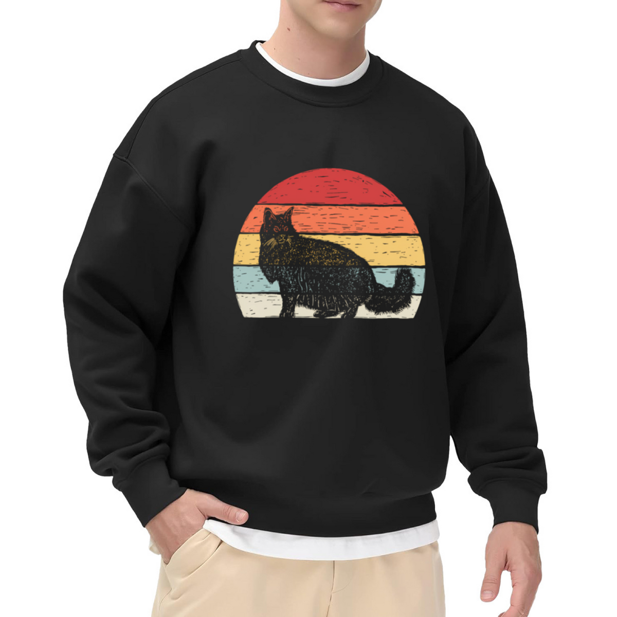 Vintage Retro Sunset Black Cat Crewneck Sweatshirt for Cat Lovers