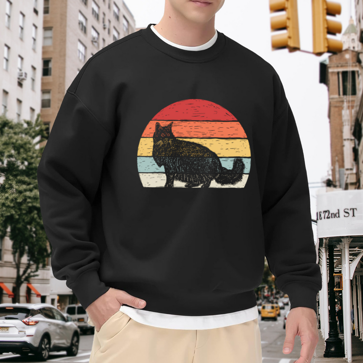 Vintage Retro Sunset Black Cat Crewneck Sweatshirt for Cat Lovers