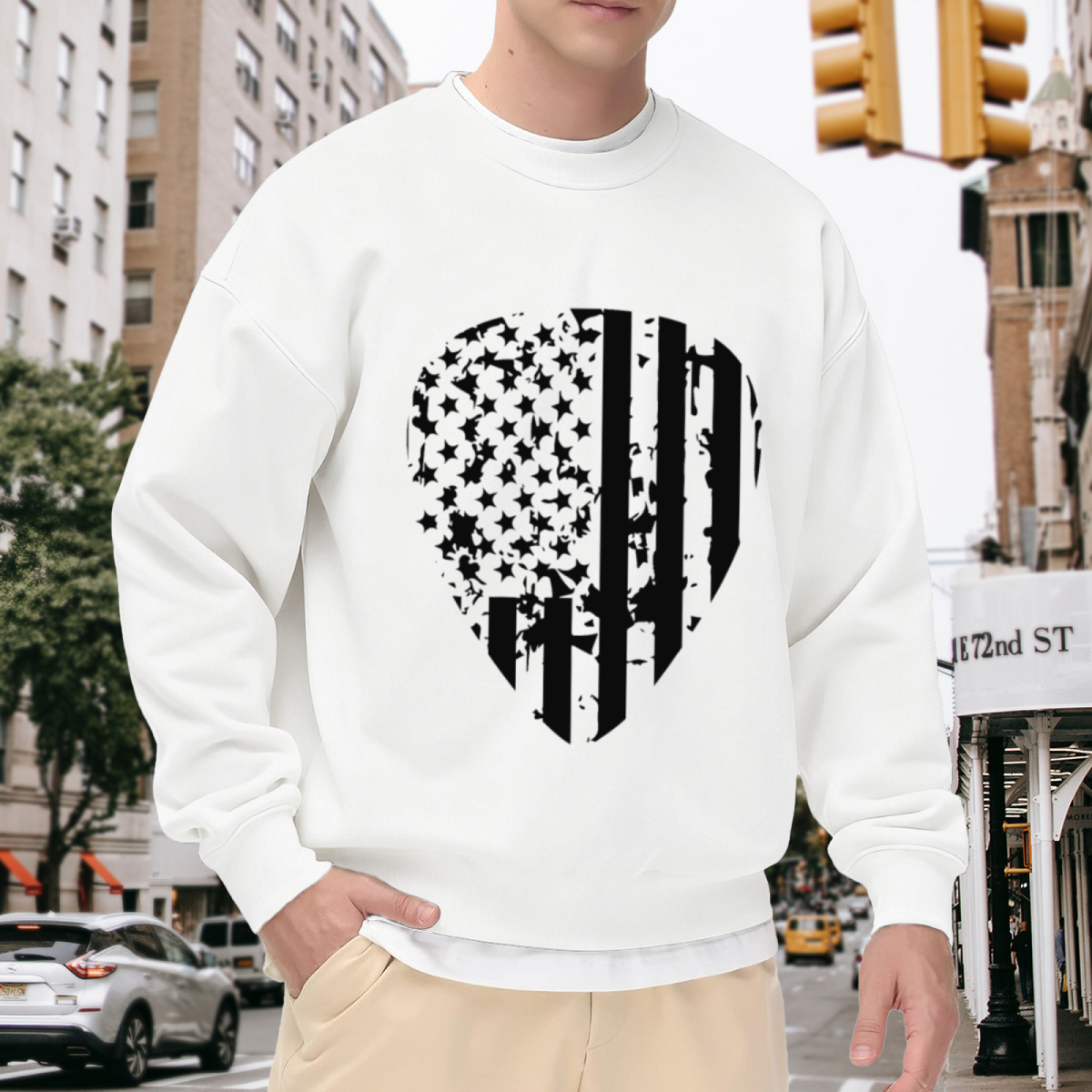 Distressed American Flag Guitar Pick Crewneck Sweatshirt | Grunge Patriotic Musician Pullover, 4th of July Gift