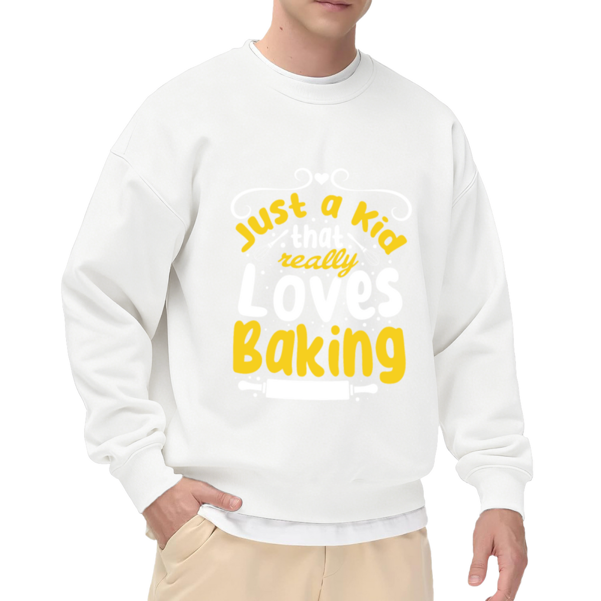 Just A Kid That Really Loves Baking Baker Crewneck Sweatshirt | Kids Baking Whisk Graphic Pullover, Young Baker Gift