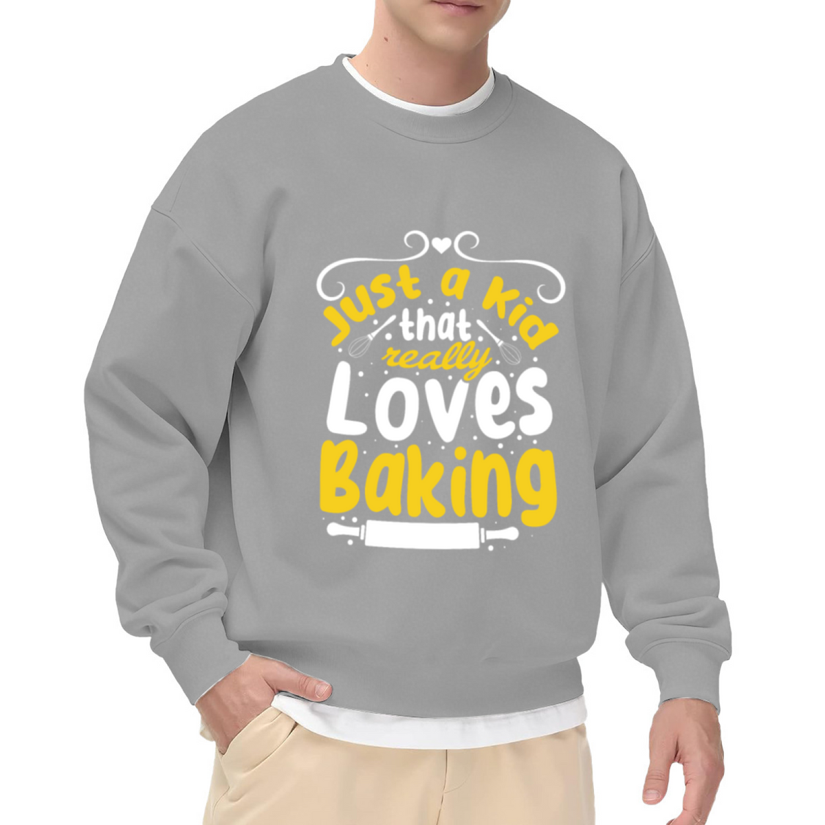 Just A Kid That Really Loves Baking Baker Crewneck Sweatshirt | Kids Baking Whisk Graphic Pullover, Young Baker Gift