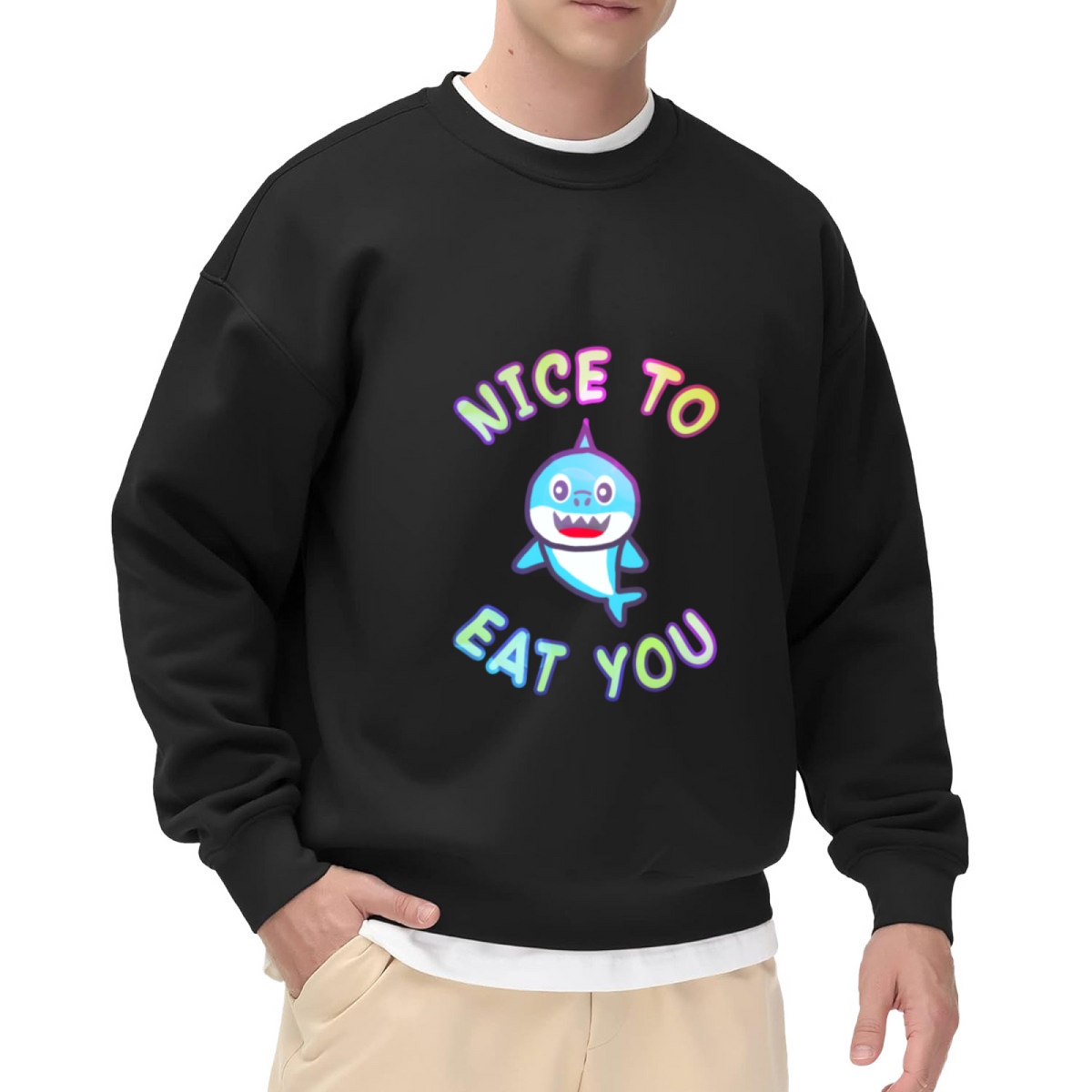 Nice To Eat You Cute Cartoon Shark Crewneck Sweatshirt | Funny Shark Pun Pullover, Ocean Animal Gift