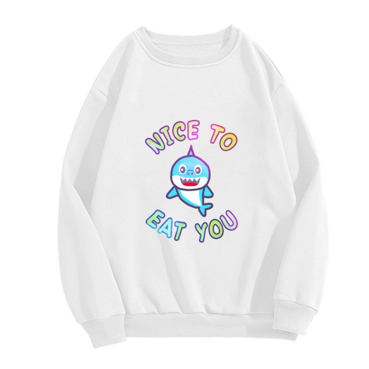 Nice To Eat You Cute Cartoon Shark Crewneck Sweatshirt | Funny Shark Pun Pullover, Ocean Animal Gift