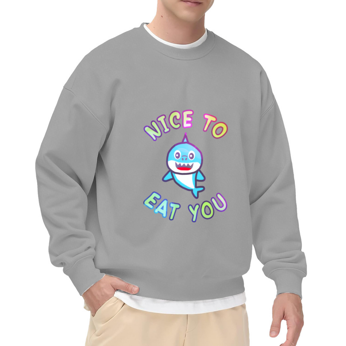 Nice To Eat You Cute Cartoon Shark Crewneck Sweatshirt | Funny Shark Pun Pullover, Ocean Animal Gift