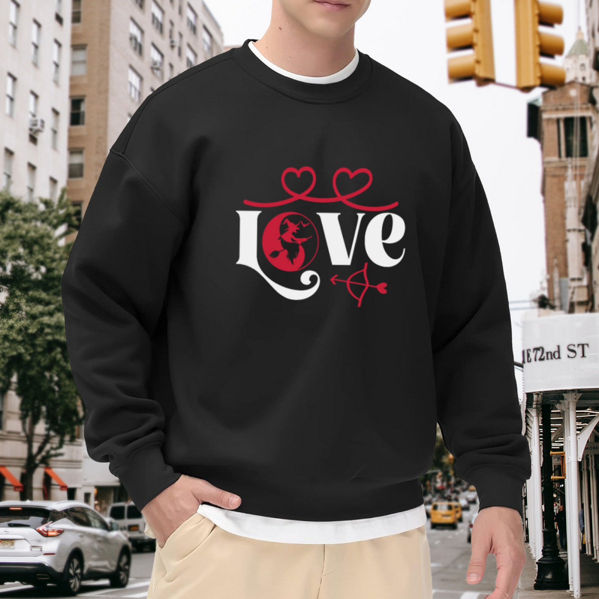 Witchy Love Crewneck Sweatshirt with Flying Witch Heart and Arrow Graphic