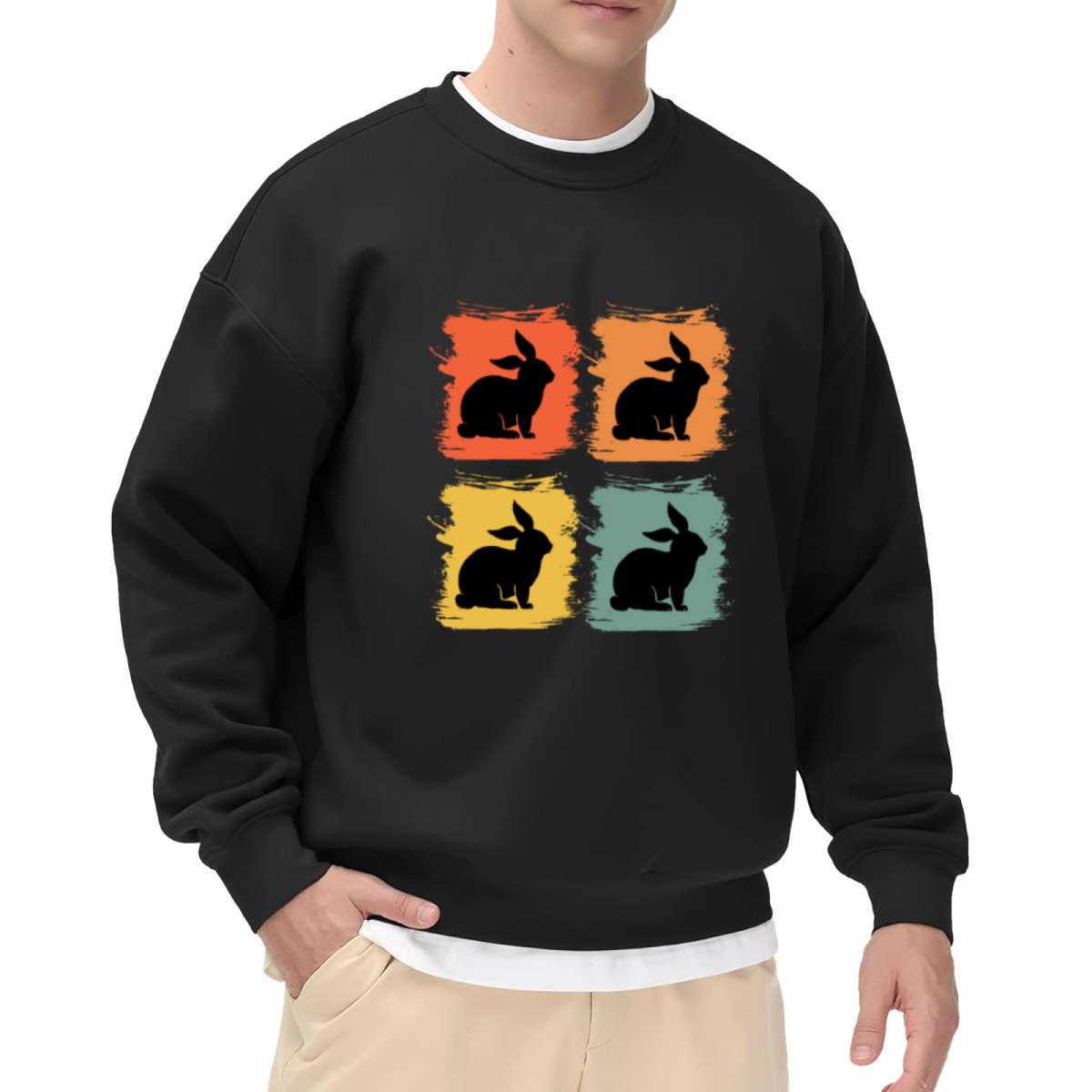Pop Art Rabbit Silhouette Grid Crewneck Sweatshirt | Retro Color Block Bunny Graphic Pullover, Easter Bunny Gift