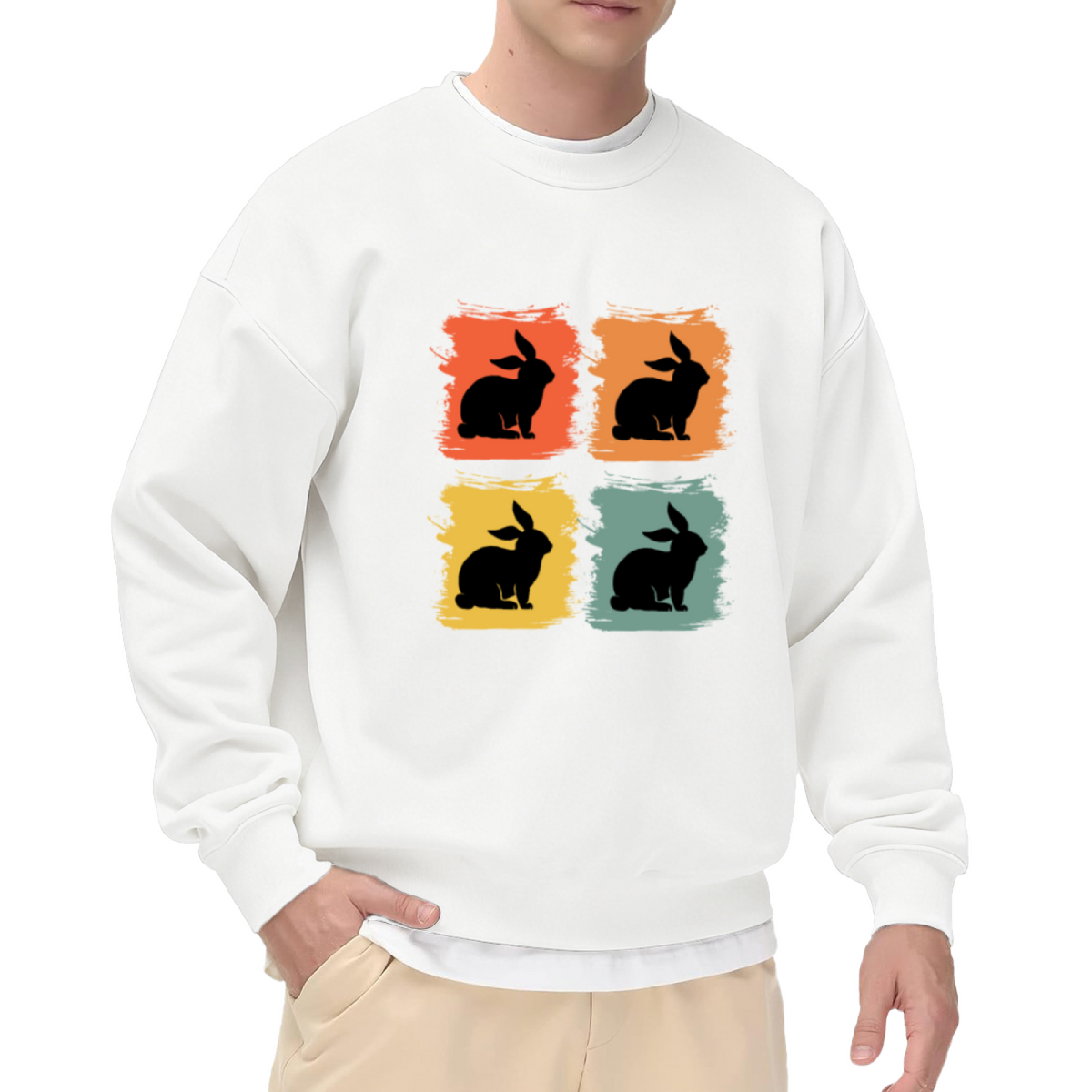 Pop Art Rabbit Silhouette Grid Crewneck Sweatshirt | Retro Color Block Bunny Graphic Pullover, Easter Bunny Gift