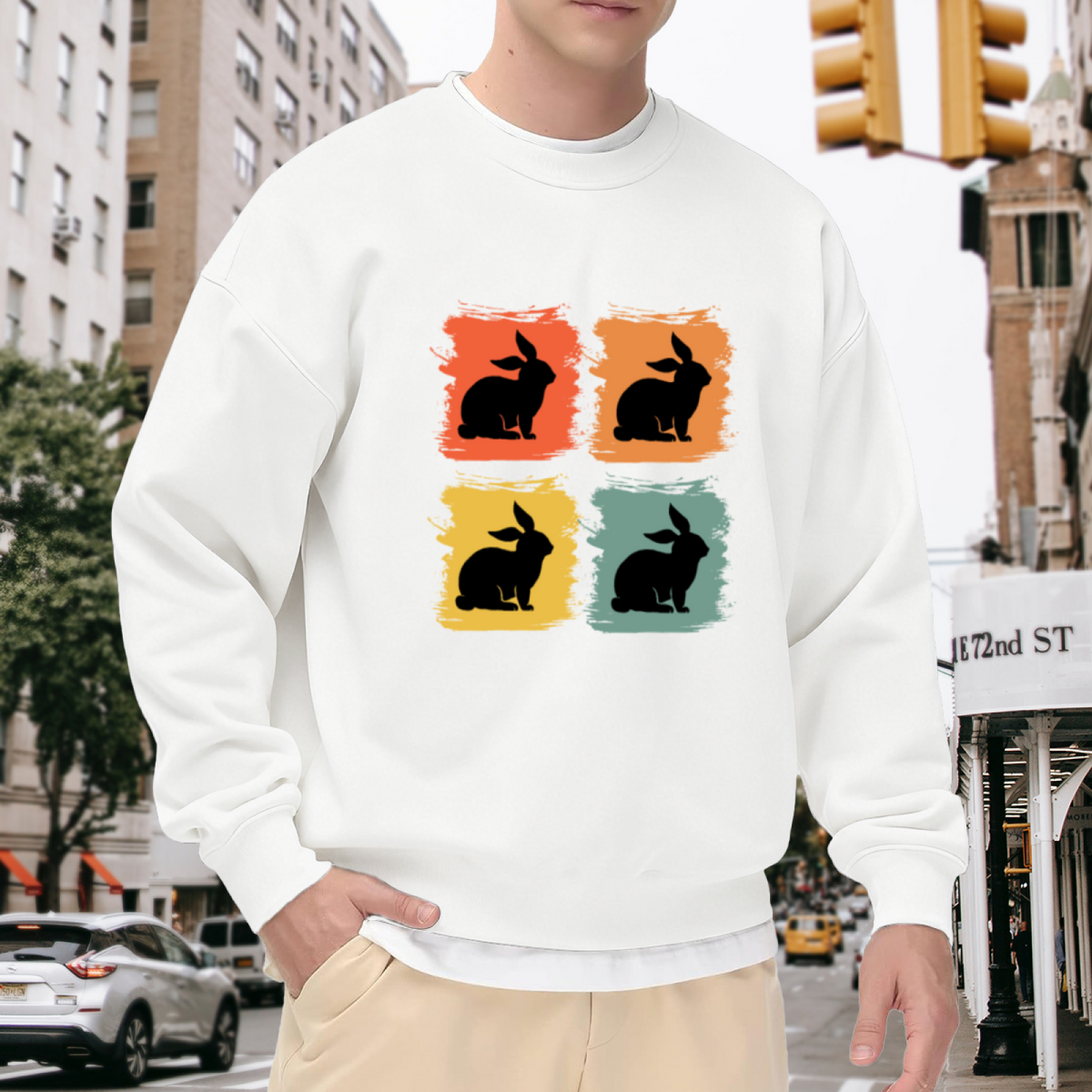 Pop Art Rabbit Silhouette Grid Crewneck Sweatshirt | Retro Color Block Bunny Graphic Pullover, Easter Bunny Gift