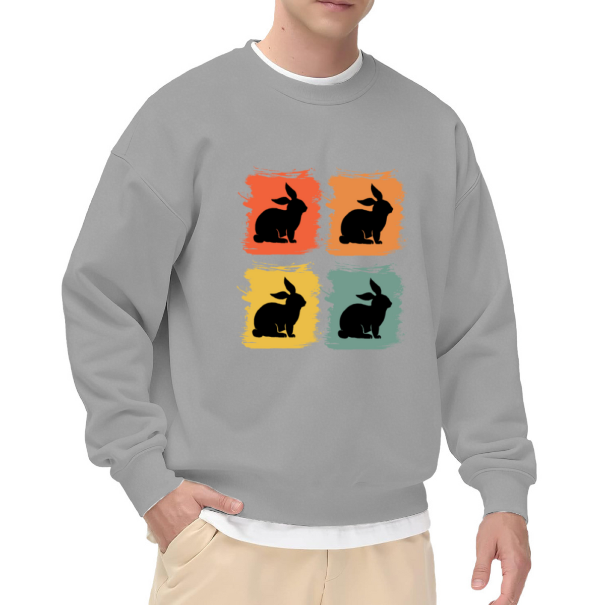 Pop Art Rabbit Silhouette Grid Crewneck Sweatshirt | Retro Color Block Bunny Graphic Pullover, Easter Bunny Gift