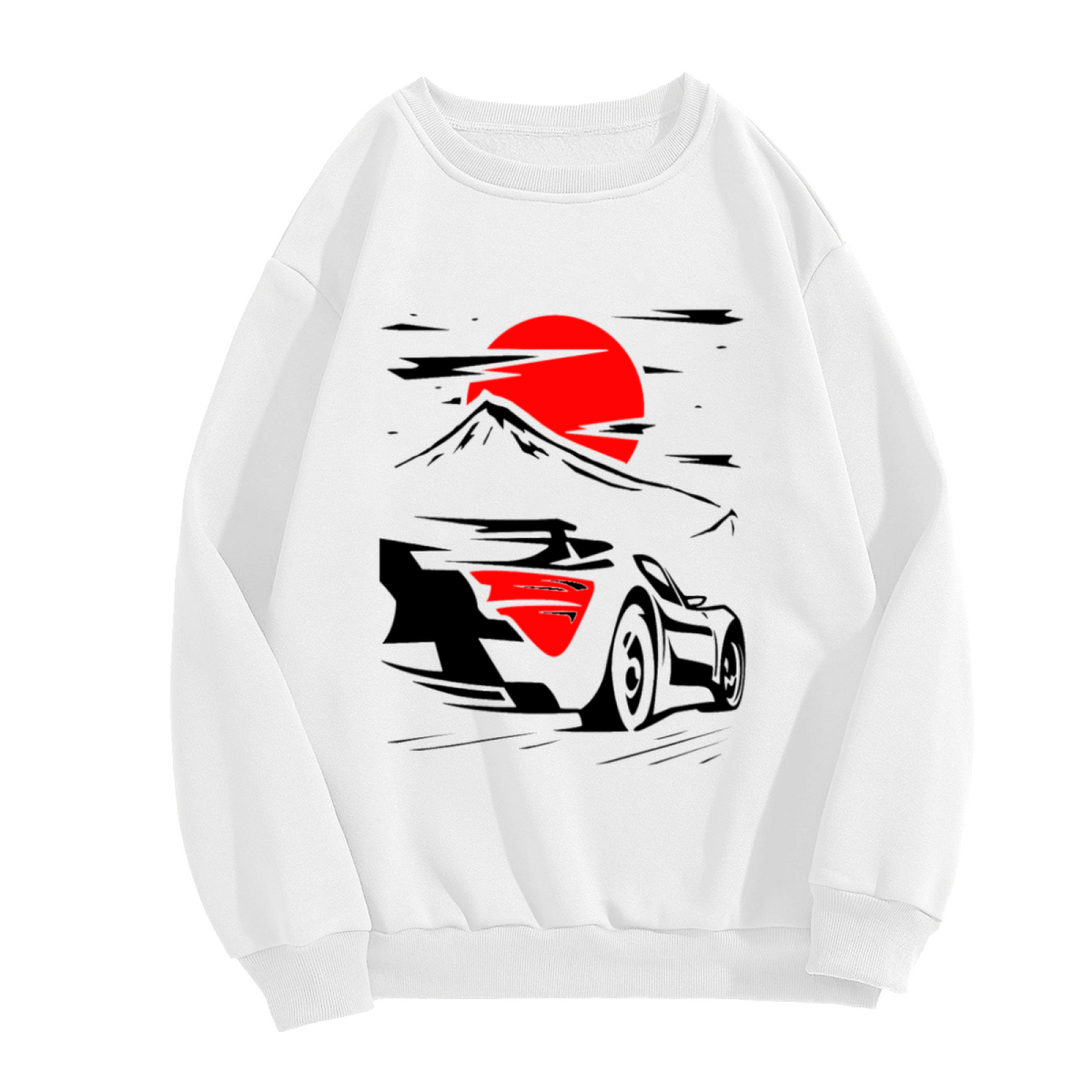 Mount Fuji Sports Car Sweatshirt | Minimalist Red Sun Speed Graphic Crewneck, Japanese Automotive Pullover Top, JDM Car Lover Gift for Men Women