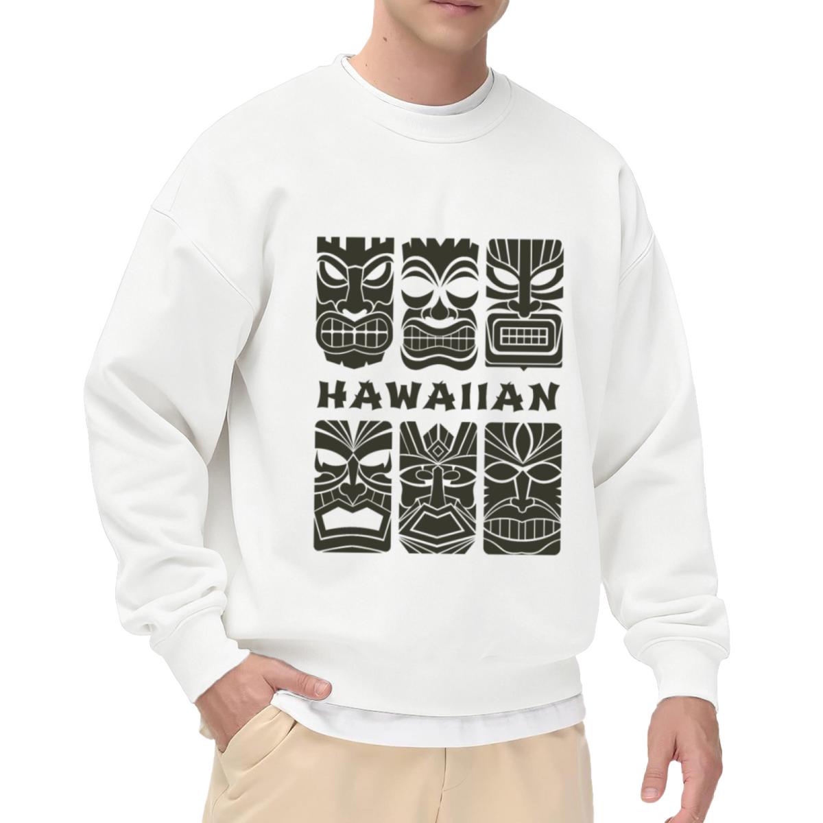 Hawaiian Tiki Mask Graphic Crewneck Sweatshirt with Bold HAWAIIAN Lettering