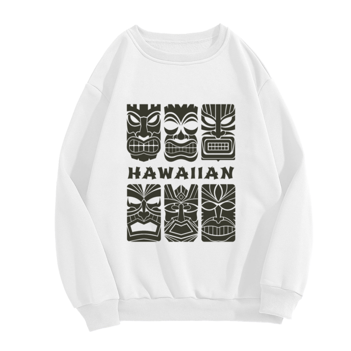 Hawaiian Tiki Mask Graphic Crewneck Sweatshirt with Bold HAWAIIAN Lettering