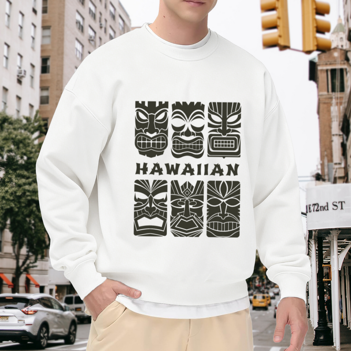 Hawaiian Tiki Mask Graphic Crewneck Sweatshirt with Bold HAWAIIAN Lettering
