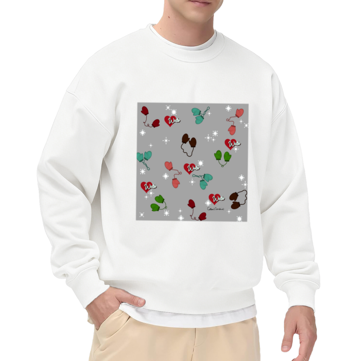 Winter Hearts and Mittens Crewneck Sweatshirt, Cute Snowflake Graphic Design