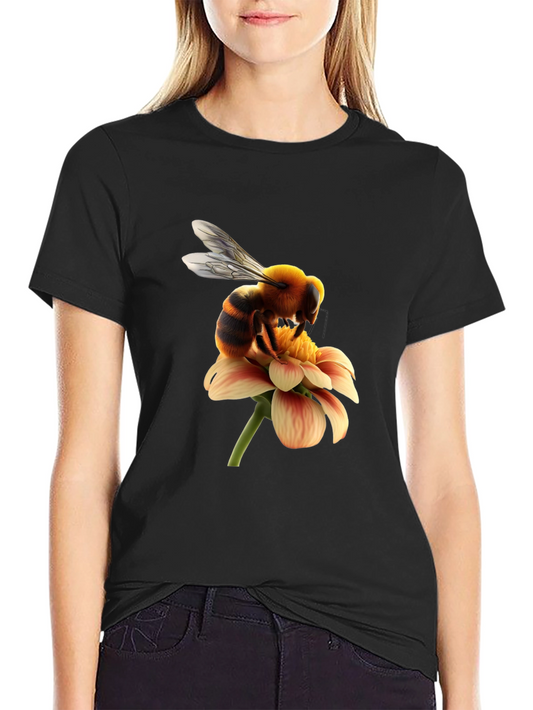 Bee on Flower Graphic Tee - Black Cotton T-Shirt
