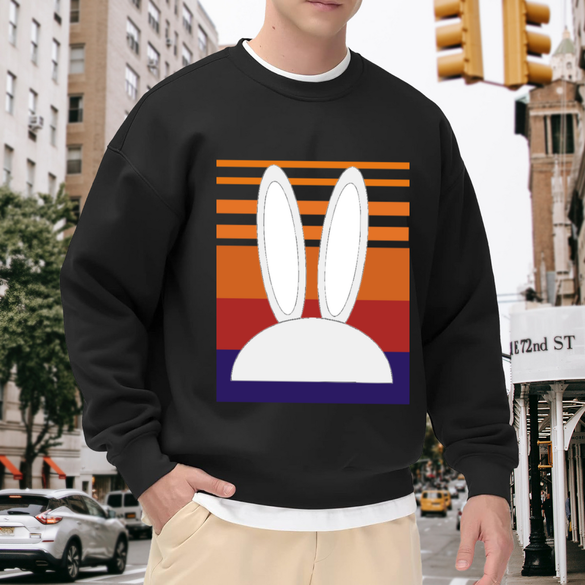 Retro Sunset Bunny Ears Crewneck Sweatshirt, Minimalist Rabbit Silhouette Pullover, Easter Gift