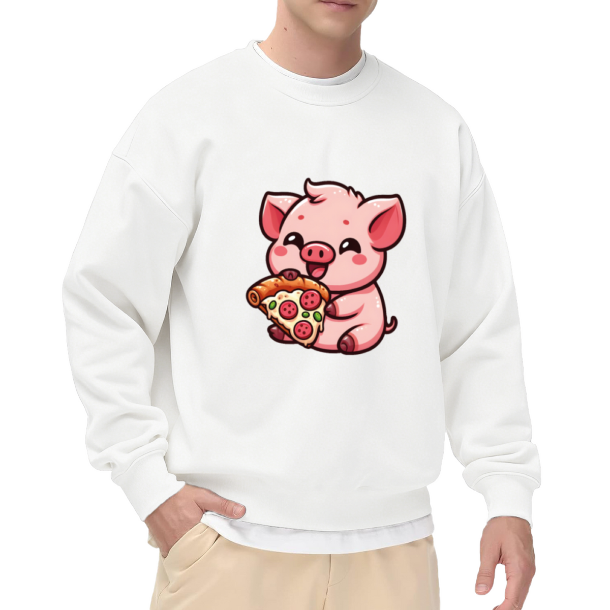 Kawaii Pig Eating Pizza Cartoon Crewneck Sweatshirt | Cute Foodie Animal Graphic Pullover, Pizza Lover Gift