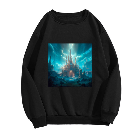 Enchanted Fantasy Castle Digital Art Crewneck Sweatshirt | Mystical Spire Landscape Pullover, Fantasy Lover Gift