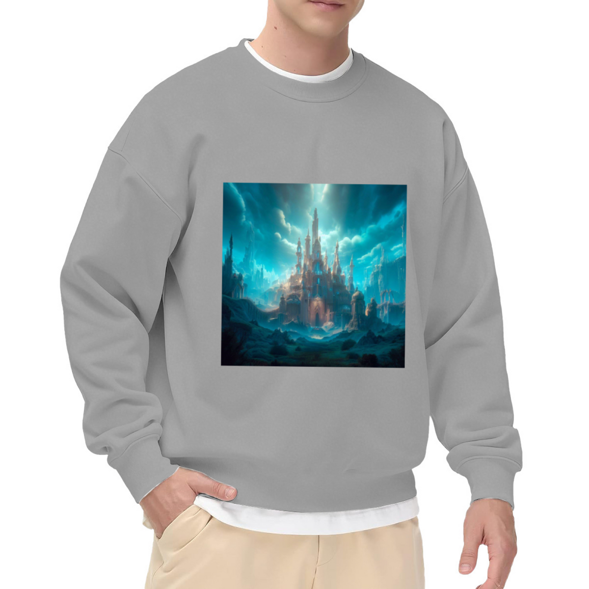 Enchanted Fantasy Castle Digital Art Crewneck Sweatshirt | Mystical Spire Landscape Pullover, Fantasy Lover Gift