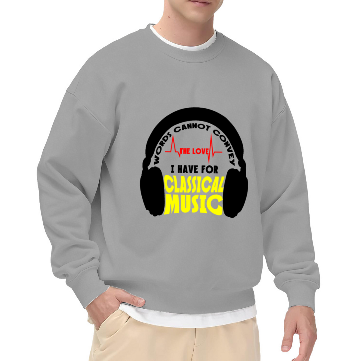 Classical Music Lover Sweatshirt | Words Cannot Convey Headphones Graphic Crewneck, Heartbeat Music Note Pullover Top, Gift for Musicians Music Fans
