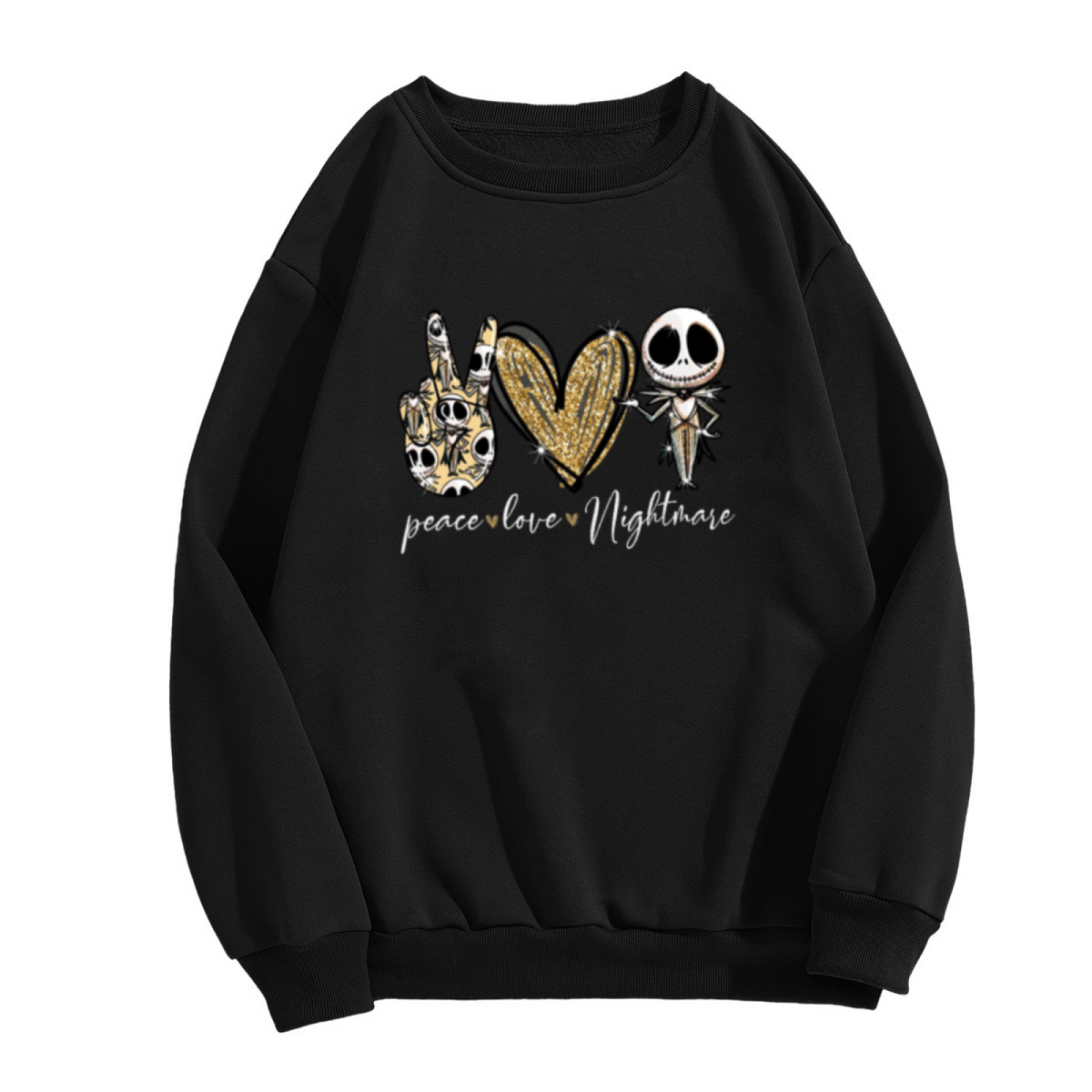 Peace Love Nightmare Glitter Heart Skull Crewneck Sweatshirt | Spooky Cute Gothic Skeleton Pullover, Halloween Christmas Gift