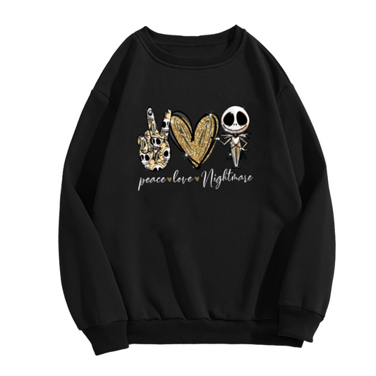 Peace Love Nightmare Glitter Heart Skull Crewneck Sweatshirt | Spooky Cute Gothic Skeleton Pullover, Halloween Christmas Gift