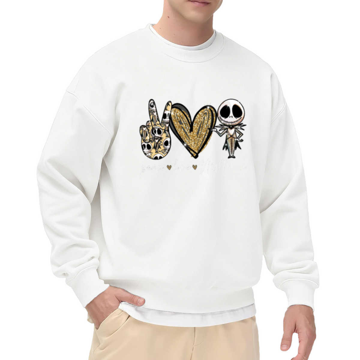 Peace Love Nightmare Glitter Heart Skull Crewneck Sweatshirt | Spooky Cute Gothic Skeleton Pullover, Halloween Christmas Gift