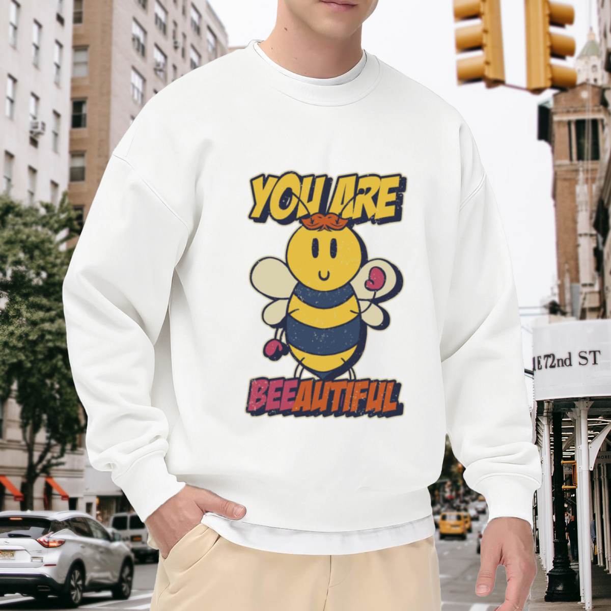 You Are Beeautiful Bee Crewneck Sweatshirt | Cute Bumble Bee Pun Pullover, Bee With Hearts Graphic Top, Valentine's Day Gift