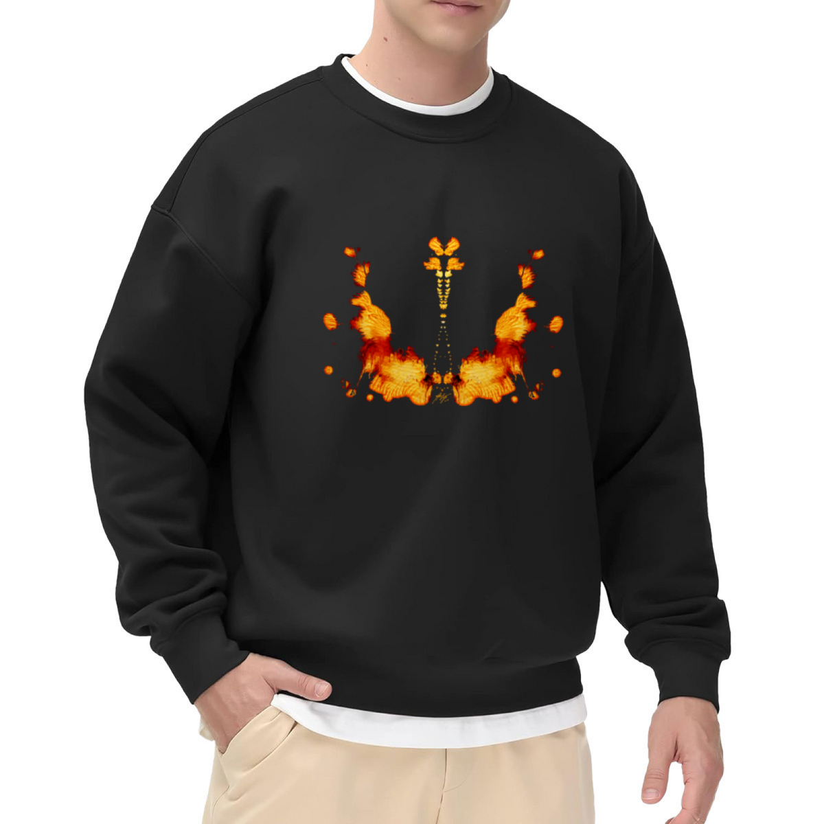 Orange Inkblot Butterfly Rorschach Test Crewneck Sweatshirt, Vintage Psychology Graphic Pullover, Retro Abstract Art Casual Wear for Men Women