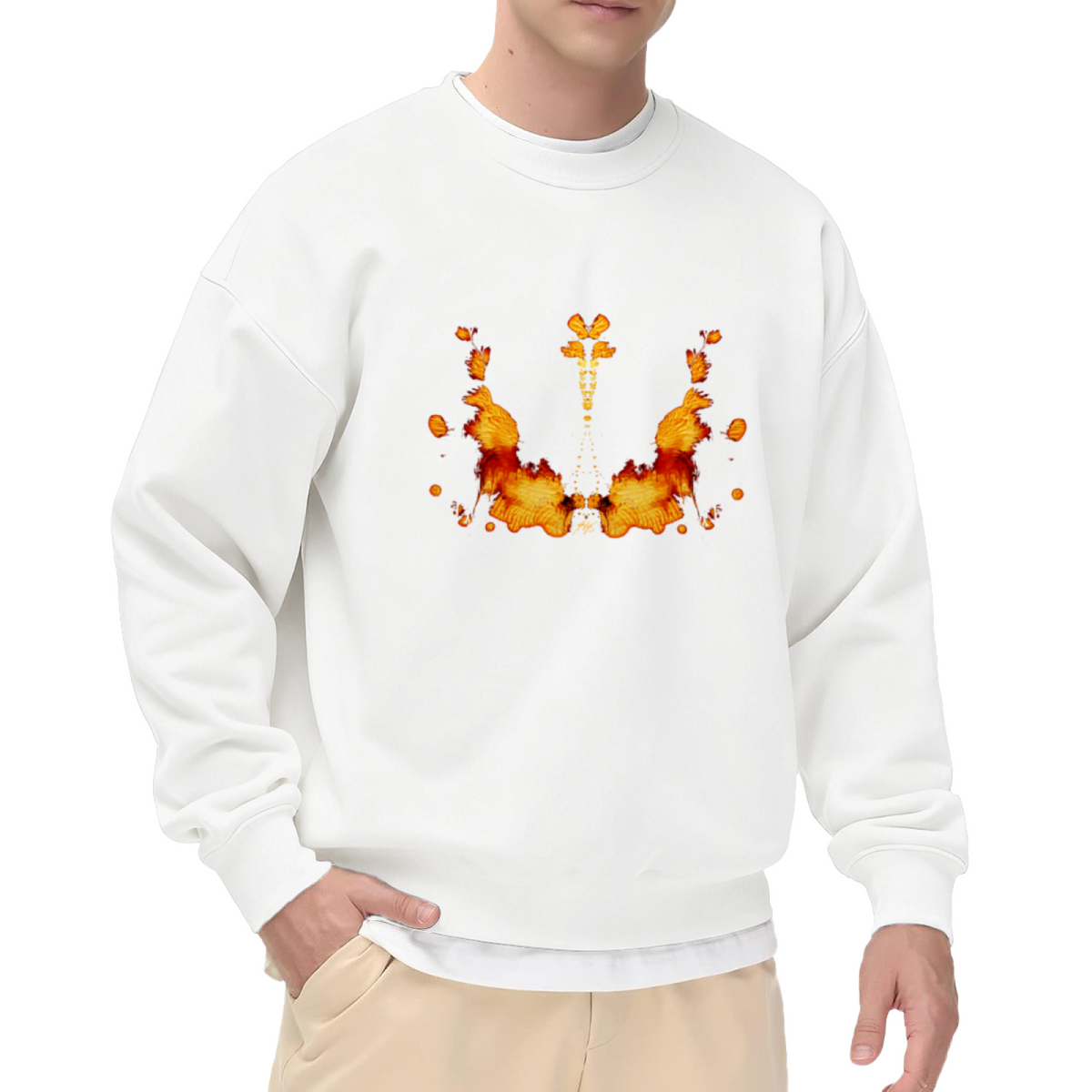 Orange Inkblot Butterfly Rorschach Test Crewneck Sweatshirt, Vintage Psychology Graphic Pullover, Retro Abstract Art Casual Wear for Men Women