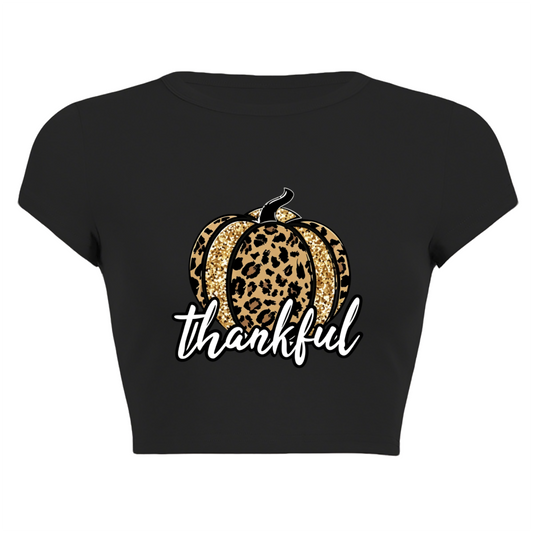Leopard Glitter Pumpkin Thankful Fall Crop Top ¨C Autumn Holiday Slim Tee